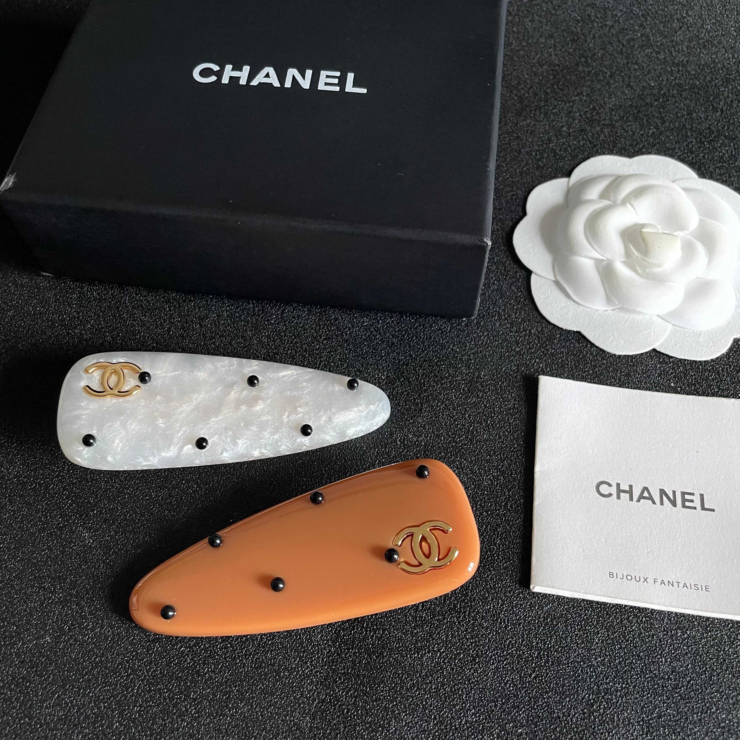 Chanel Orange Hair Clip with Black Dots